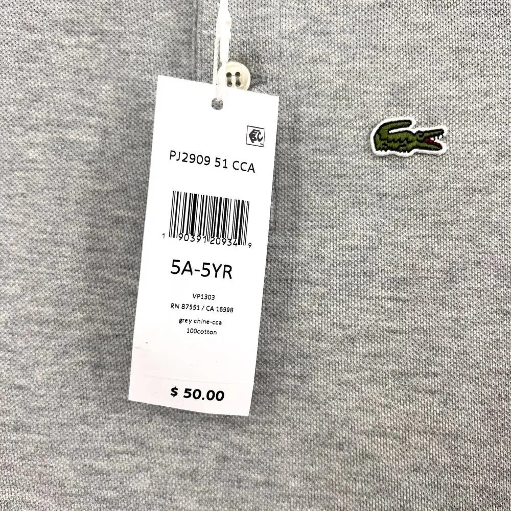 LACOSTE Kids Short Sleeve Classic Pique Polo Shirt SIZE 5 Grey NWT